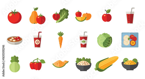 A colorful collection of flat design icons featuring fresh fruits, vegetables, juices, and healthy meals.