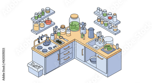 Kitchen workspace with jars, spices, and cooking equipment
