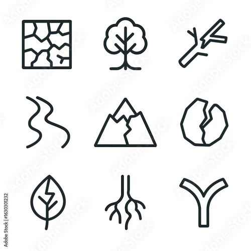 Schism Nature Icons. Outline icon set of schism nature: cracked earth, parted tree, broken branch, split river, fractured mountain