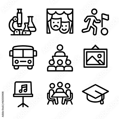 School Events Icons. Outline icon set of school events and activities: science fair, school play, sports day, field trip, assembly