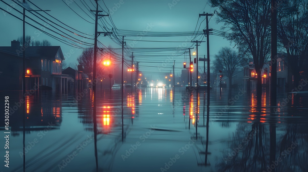 Obraz premium Flooded residential street at dusk with reflections creating an eerie glow. Partially submerged cars add to the dramatic Disaster Background. Lights pierce the darkness.