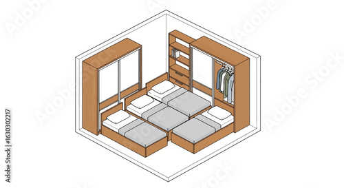 Compact bedroom layout with beds and storage furniture