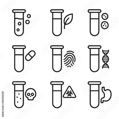 Scientific Test Tube Icons. Outline icon set of test tube scientific disciplines: chemistry, biology, microbiology, pharmacology,