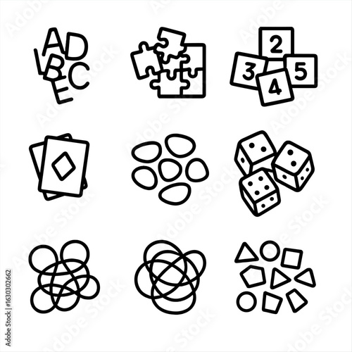 Scrambled Objects Icons. Outline icon set of scrambled objects: scrambled letters, mixed puzzle pieces, jumbled blocks, disordered