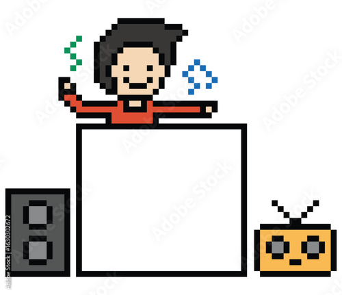 Cartoon pixel art character man exercises training aerobic dance lifestyle music decoration life style 8 bit male boy dance with music game 8bit fitness isolated PNG vector.