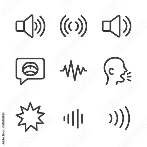 Scream Sound Icons. Outline icon set of scream sound effects: volume high, shockwave, echo, vibration, speech bubble with scream,