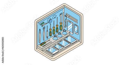 Phone repair tools and devices isometric display