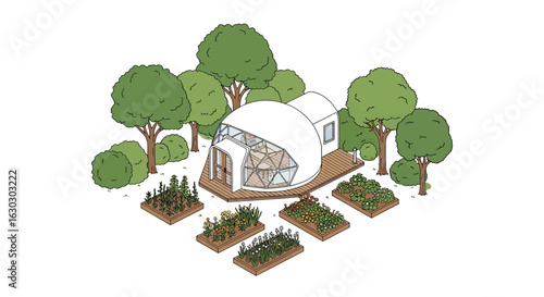 Geodesic dome house surrounded by trees and garden
