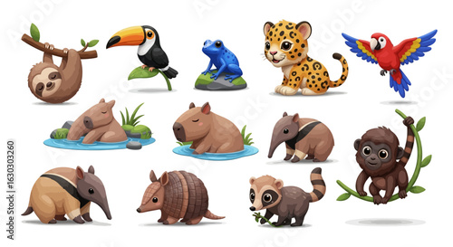 Collection of cute cartoon South American animals. Set of isolated jungle wildlife illustrations including a sloth, toucan, jaguar, and capybara.