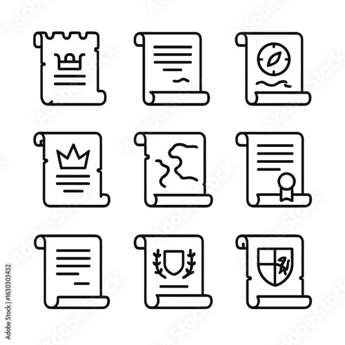 Outline Scroll Icons. Outline icon set of historical scrolls: medieval scroll, ancient manuscript, explorer’s scroll, king’s