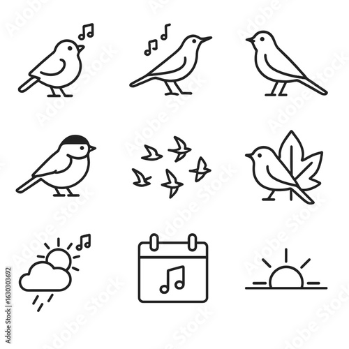 Seasonal Birdcall Icons. Outline icon set of seasonal birdcalls: spring robin, summer warbler, autumn thrush, winter chickadee,