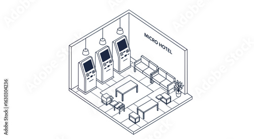 Micro hotel lobby with self-checkin kiosks and seating