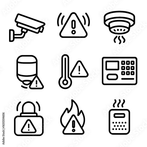 Security Alert Icons. Outline icon set of alert monitoring: surveillance camera, sensor alert, smoke sensor, motion detector,