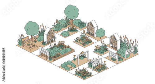 Butterfly garden layout plan with raised beds and signage