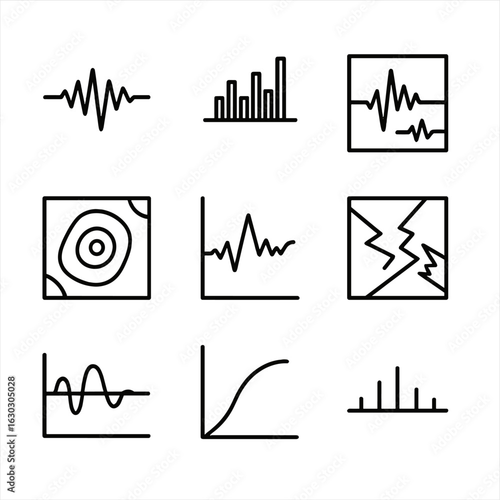 Obraz premium Seismic Data Icons Set. Outline icon set of seismic data visualization: waveform, spectral analysis, earthquake magnitude scale,