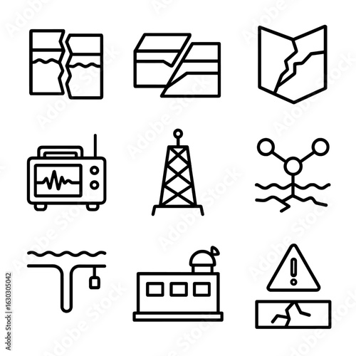 Seismic Infrastructure Icons. Outline icon set of seismic infrastructure: fault zone, tectonic plates, fault line map, seismic
