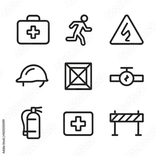 Seismic Safety Icons. Outline icon set of seismic safety tools: emergency kit, evacuation route, hazard sign, protective helmet,