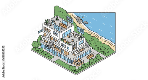 Modern building with rooftop terrace and waterfront view
