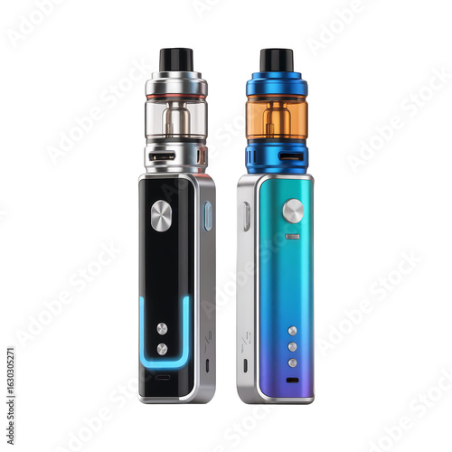 Two modern electronic cigarettes or vaporizers with colorful designs isolated on transparent background