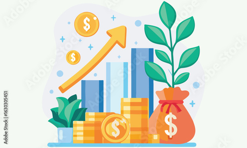 Money Growth and Finance Investment Illustration Set – Dollar Coins, Profit Charts, and Wealth Development Graphics