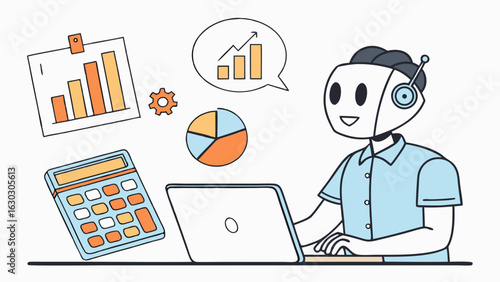 Robot Business Analyst Working on Data.