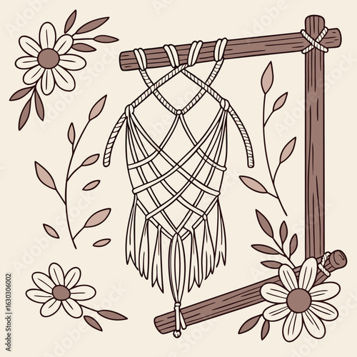 Bohemian macrame plant hanger adorned with delicate flowers and leaves evoking a natural and artistic aesthetic