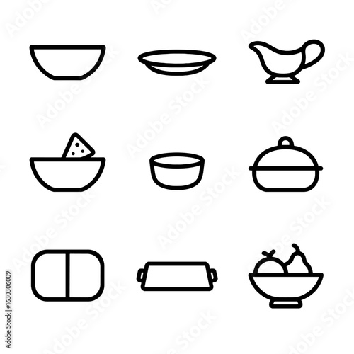 Serving Dishes Icons. Outline icon set of serving dishes: serving bowl, platter, gravy boat, chip bowl, dip bowl, covered dish,