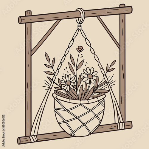 Charming illustration of a woven basket filled with daisies and foliage suspended by macrame cords from a wooden stand