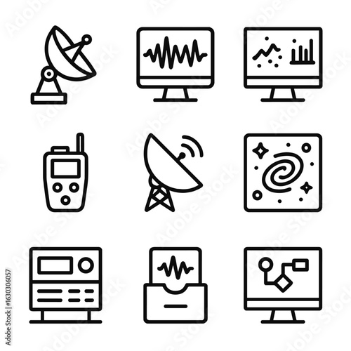 SETI Research Icons. Outline icon set of SETI research tools: telescope dish, signal pattern monitor, data analysis screen, remote