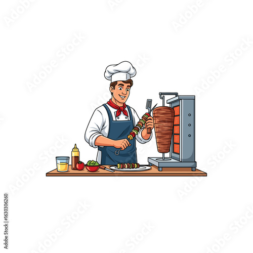 Smiling Chef with Shawarma Skewer and Ingredients