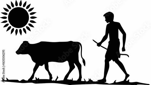 Silhouette of a farmer walking with a cow under the sun in a rural setting with grass and vegetation
