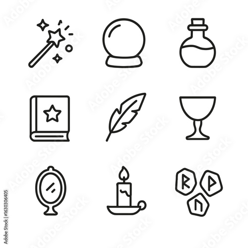 Icon Sets_ Magic and Alchemy. Outline icon set of enchantress tools: magic wand, crystal ball, potion vial, spell book, feather