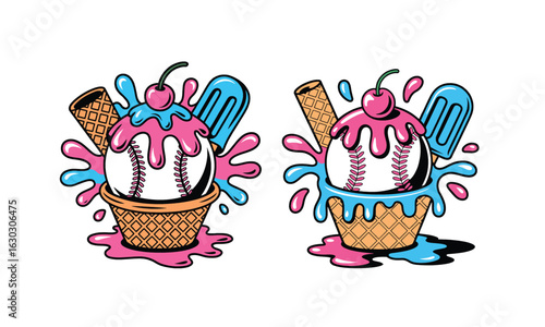 Baseball Ice Cream Sundae Fun Sporty Dessert Vector Illustration.