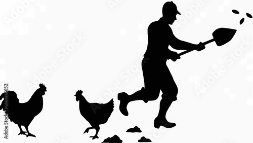 Silhouette of a farmer with a shovel feeding chickens on a farm in the countryside environment scene