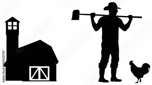 Silhouette of a barn, farmer with hoe, and rooster on a farm against a white background image scene