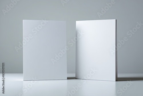 Two blank white books or brochures stand on a reflective surface