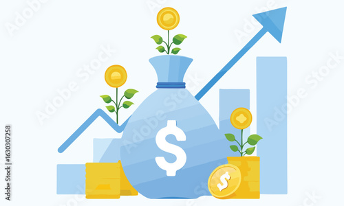 Money Growth and Finance Investment Illustration Set – Dollar Coins, Profit Charts, and Wealth Development Graphics