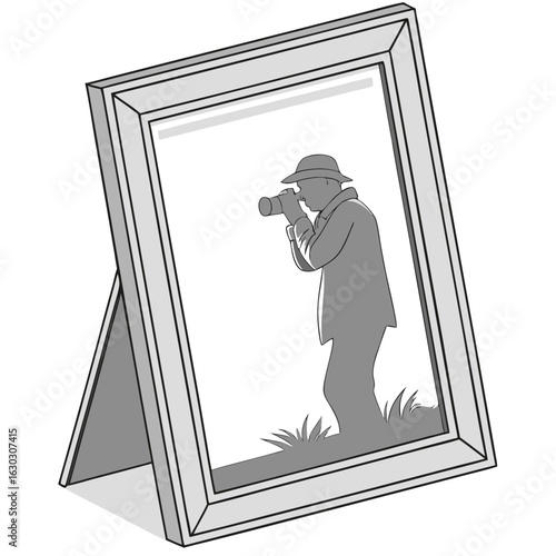 A framed illustration depicts a silhouetted photographer wearing a hat and holding a camera capturing a moment outdoors