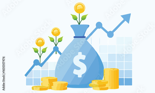 Money Growth and Finance Investment Illustration Set – Dollar Coins, Profit Charts, and Wealth Development Graphics