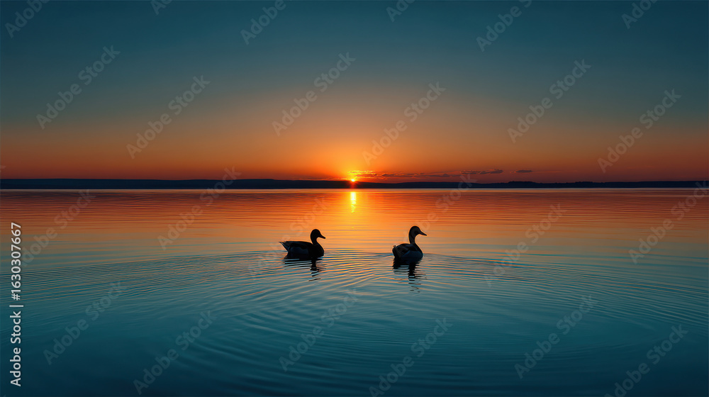 Naklejka premium Two geese swimming together in a calm lake during a beautiful vibrant sunset
