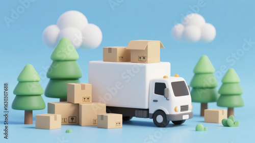 3D Illustration of a Delivery Truck Loaded with Boxes Amidst Miniature Trees and Clouds