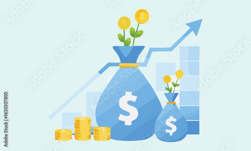 Money Growth and Finance Investment Illustration Set – Dollar Coins, Profit Charts, and Wealth Development Graphics