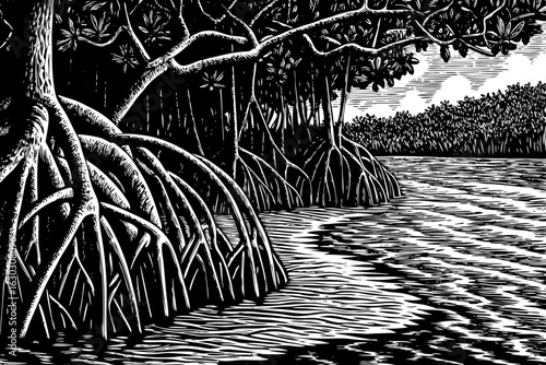 Mangrove lined beach with twisted roots and brackish water ecosystem, black and white