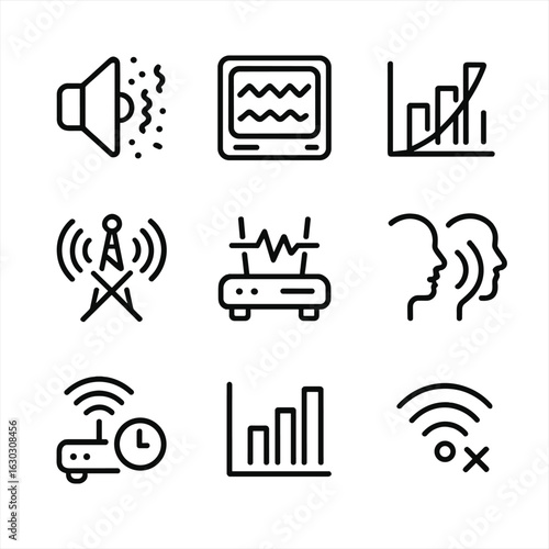 Signal Interference Icons. Outline icon set of signal interference: noise, static, signal drop, jamming, distortion, echo, delay,