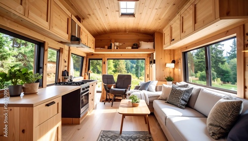 Cozy and innovative tiny house interior design with natural wood finishes and modern amenities