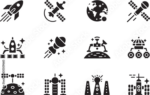 Set of black and white space exploration icons