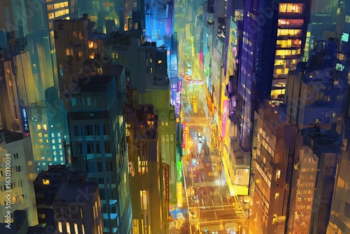 Cityscape at night with vibrant colors and illuminated buildings.