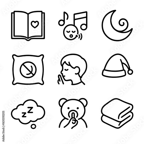 Sleep and Sonar Icons. Outline icon set of sleep and bedtime: bedtime story book, lullaby music note with whisper, crescent moon