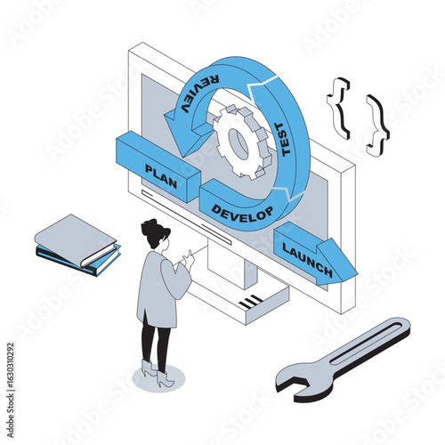 DevOps 3d isometric concept with isometry people design for web. Administrator monitoring life cycle of products development with agile coding operation, collaboration practice. Vector illustration