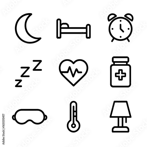 Sleep Disorder Icons. Outline icon set of sleep disorders: moon, bed, alarm clock, heartbeat, Zzz, pill bottle, sleep mask,